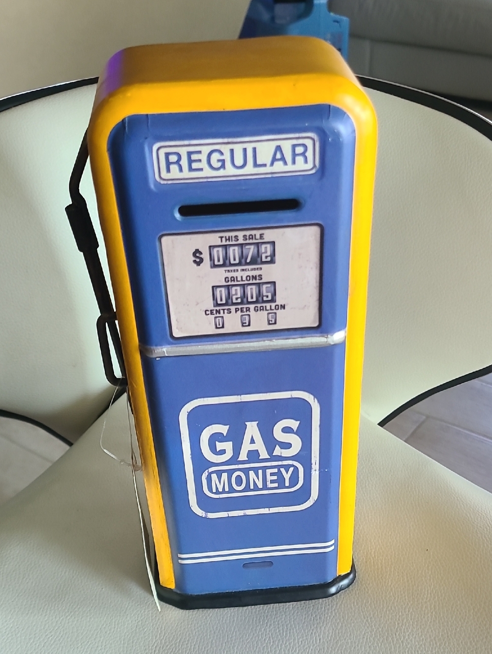 Blue and Yellow 'Gas Money' Coin Bank - Regular Pump Design